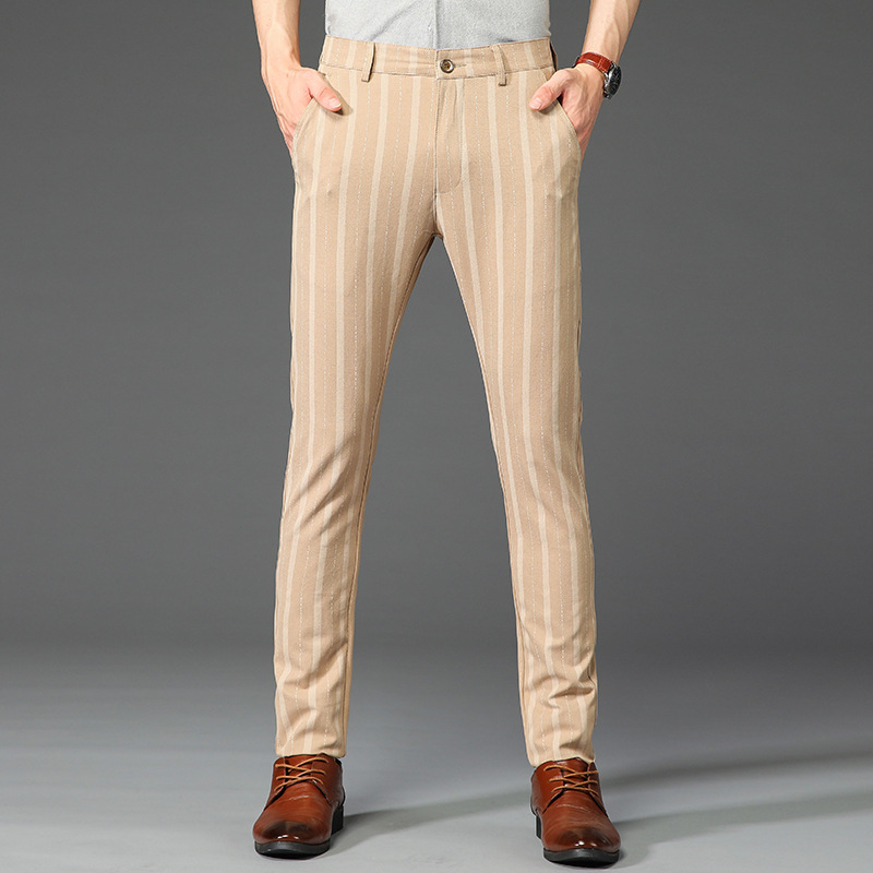 Men's slim fit pinstripe trousers in classic vertical stripe pattern for office and evening wear