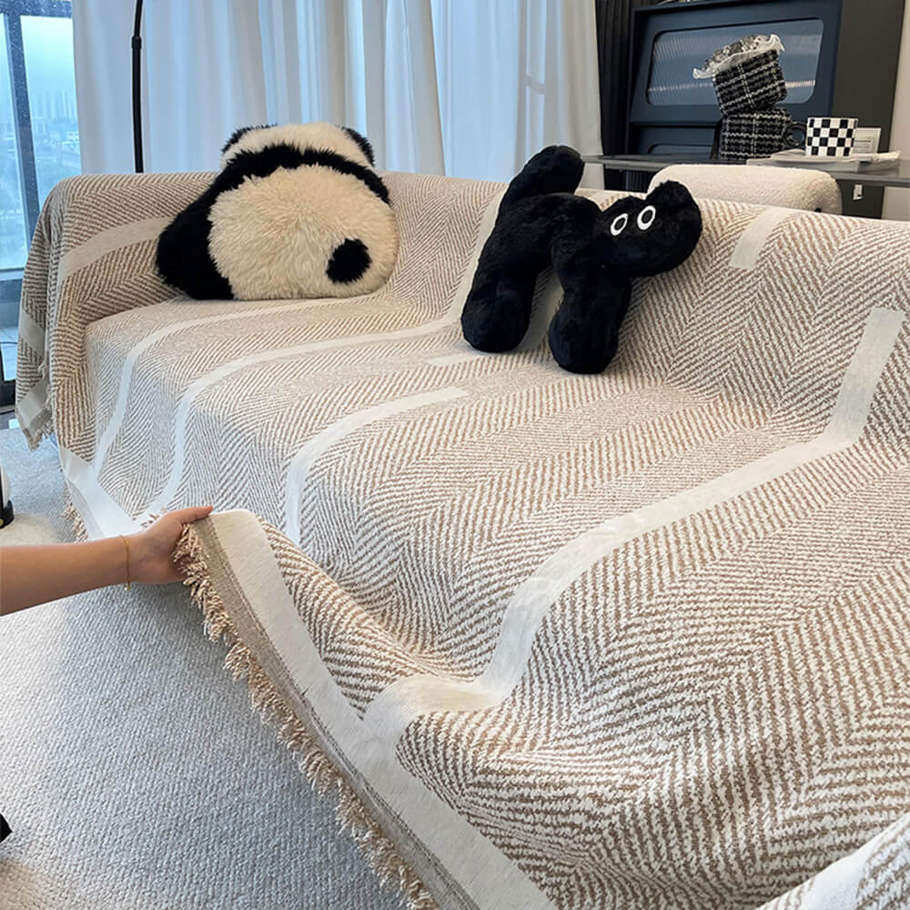 Luxurious chenille throw blanket herringbone pattern with fringed edges, soft plush cozy home decor