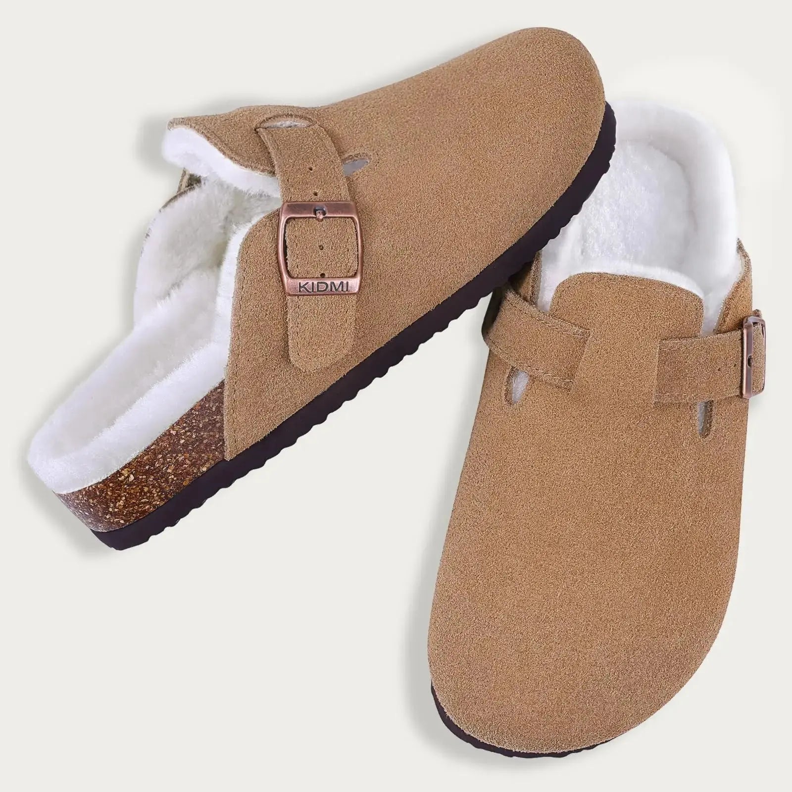 Women's fur-lined suede clogs with adjustable buckle, cozy slip-on mules for warm home comfort
