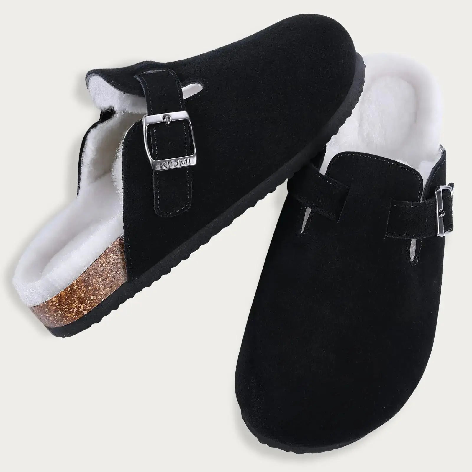 Women's fur-lined suede clogs with adjustable buckle, cozy plush interior for warm home comfort
