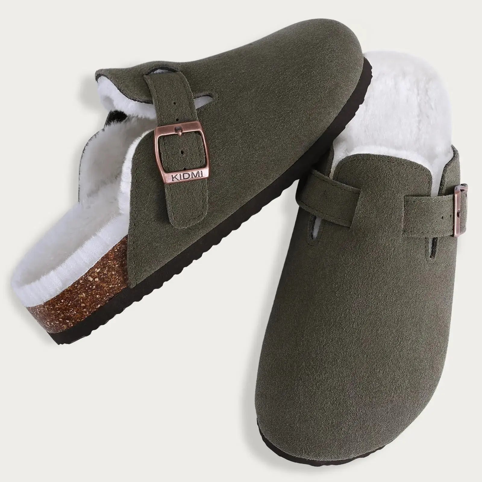 Women's fur-lined suede clogs with adjustable buckle, cozy plush interior for warm home comfort