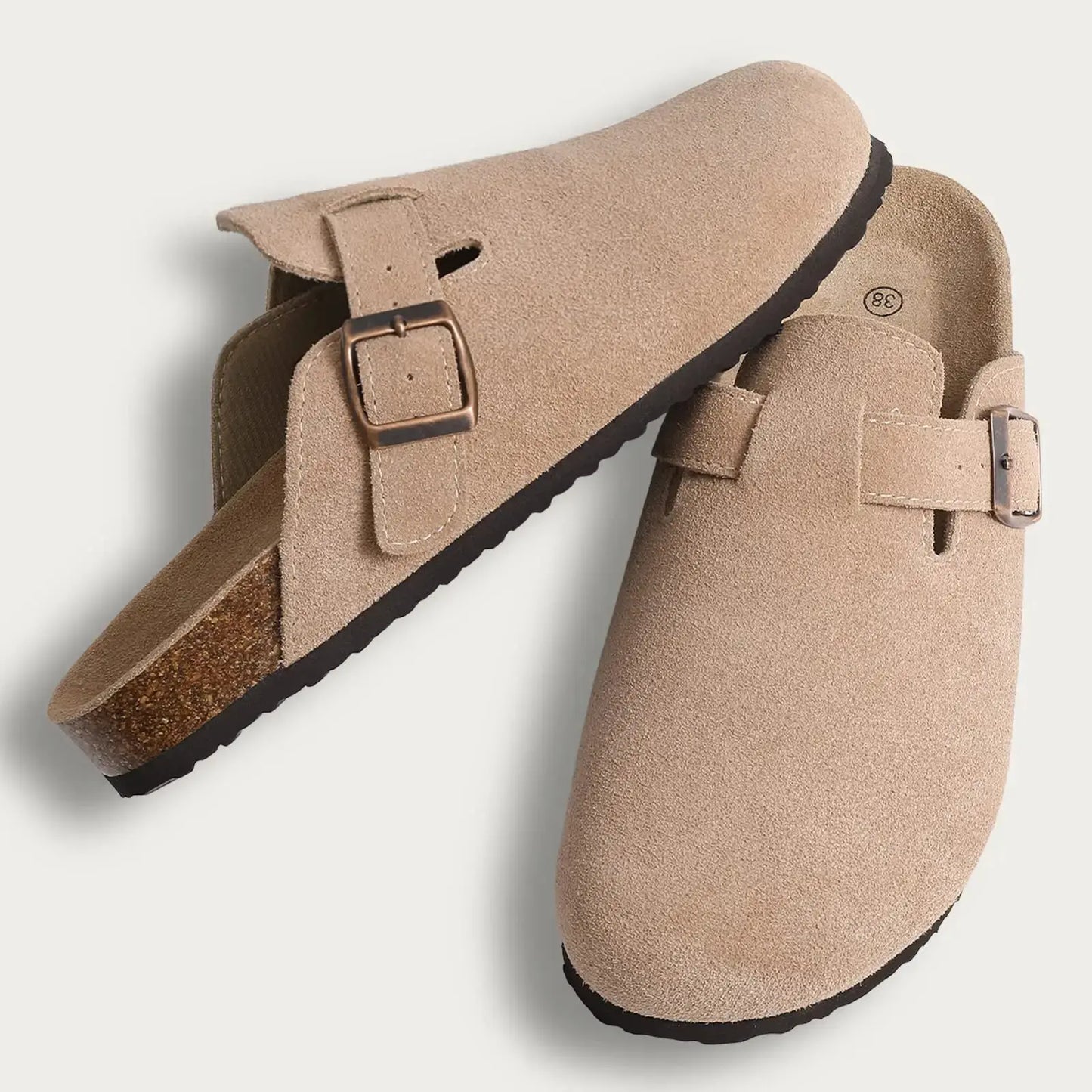 Women's fur-lined suede clogs with adjustable buckle, cozy plush interior, slip-on mule style