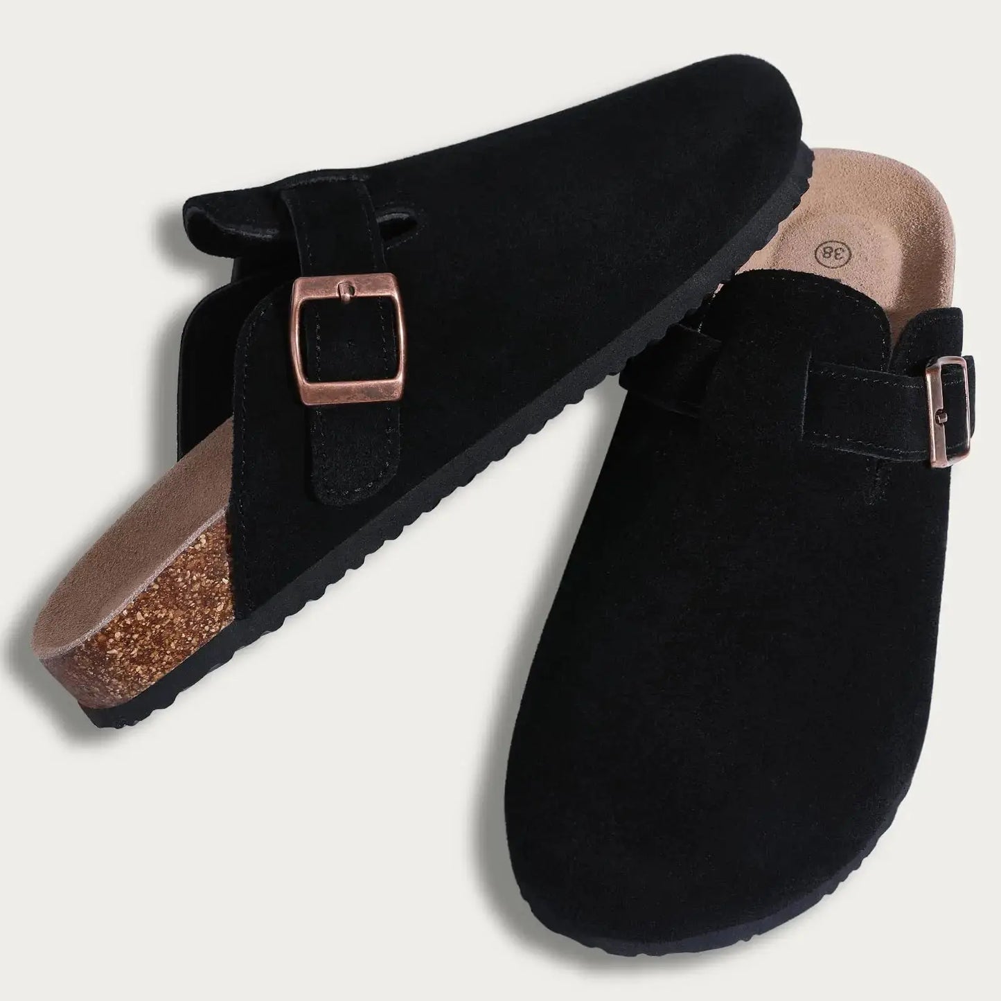 Women's fur-lined suede clogs with adjustable buckle, cozy plush interior for warm home comfort