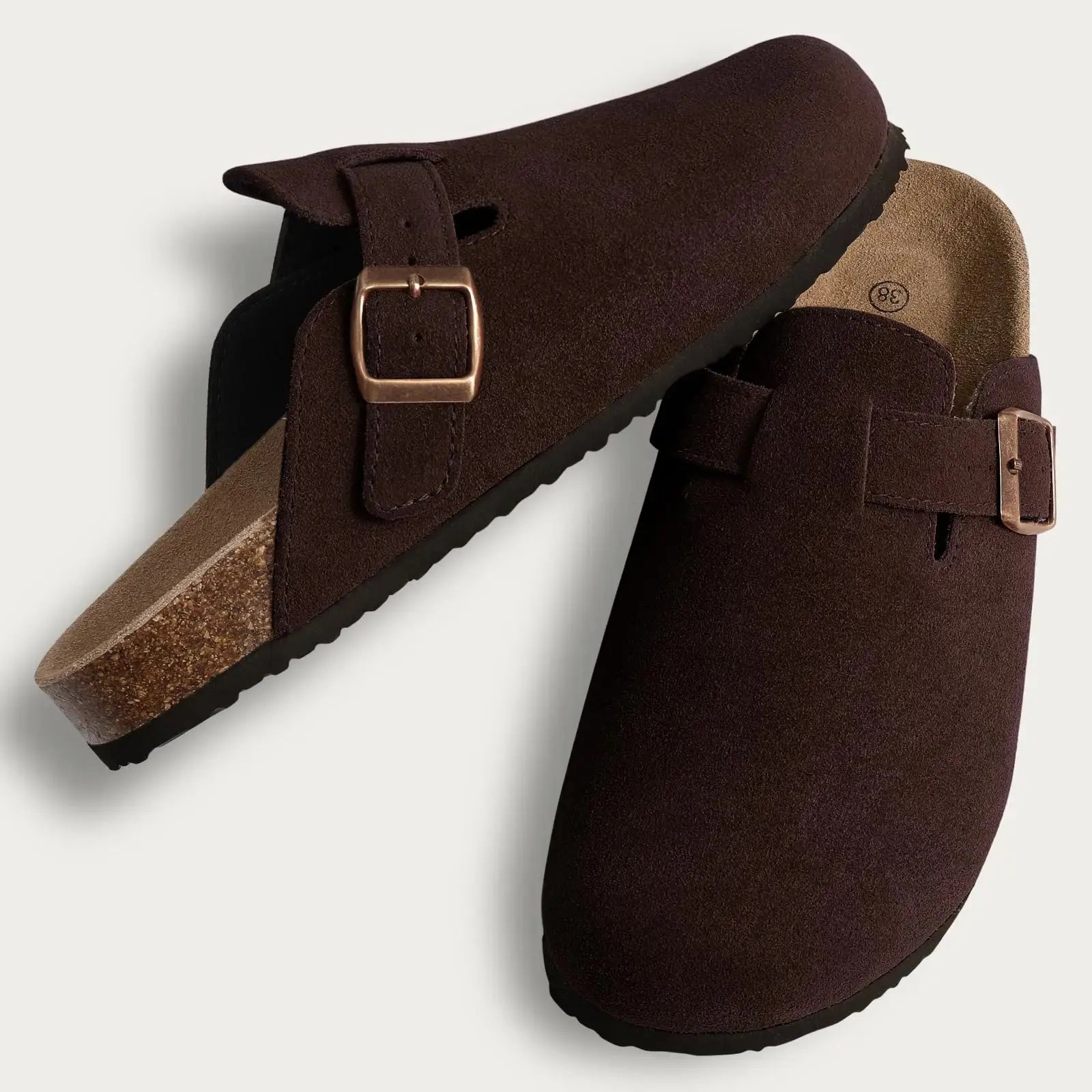Women's fur-lined suede clogs with adjustable buckle, cozy plush interior for warm home comfort