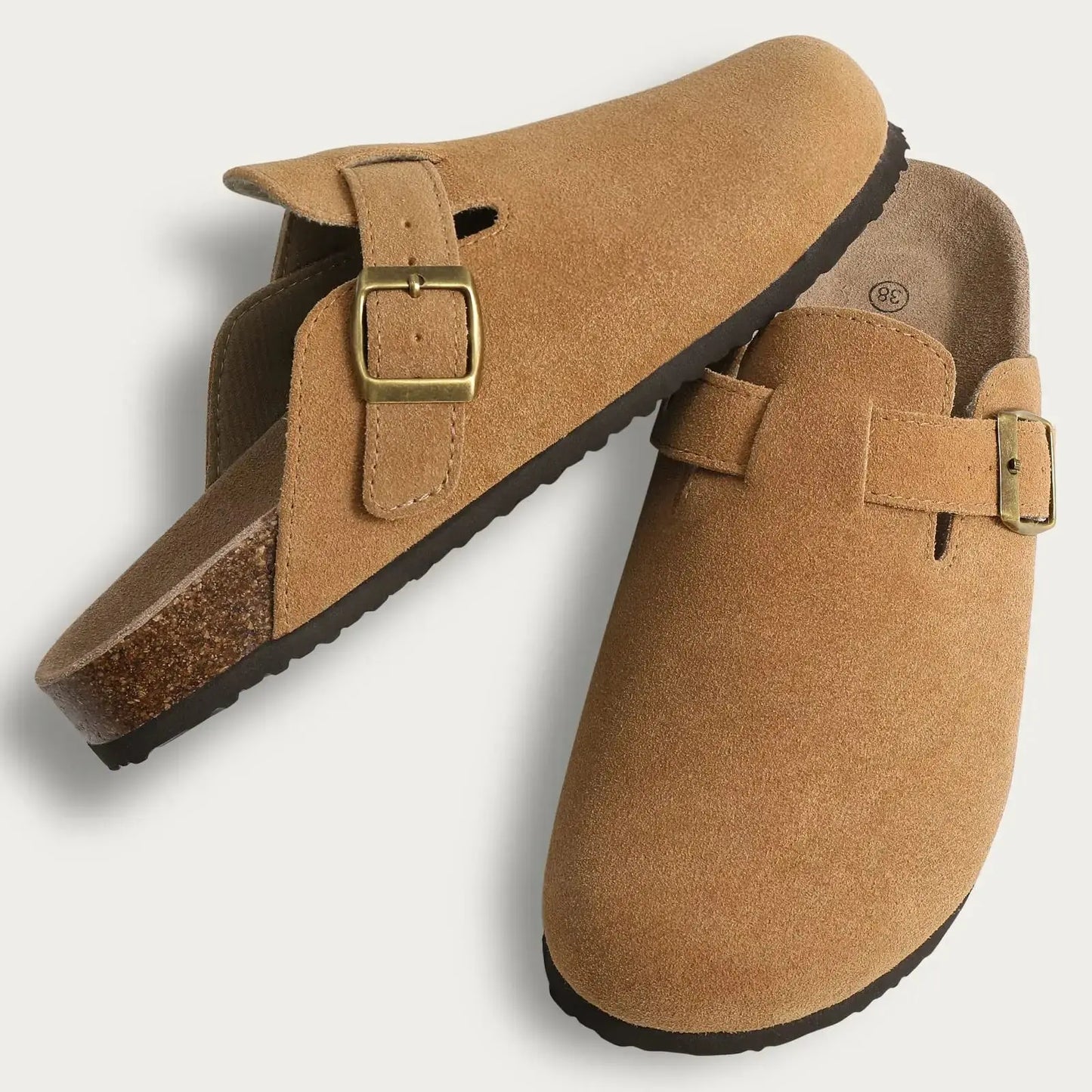 Women's fur-lined suede clogs with adjustable buckle, cozy plush interior for warm home comfort