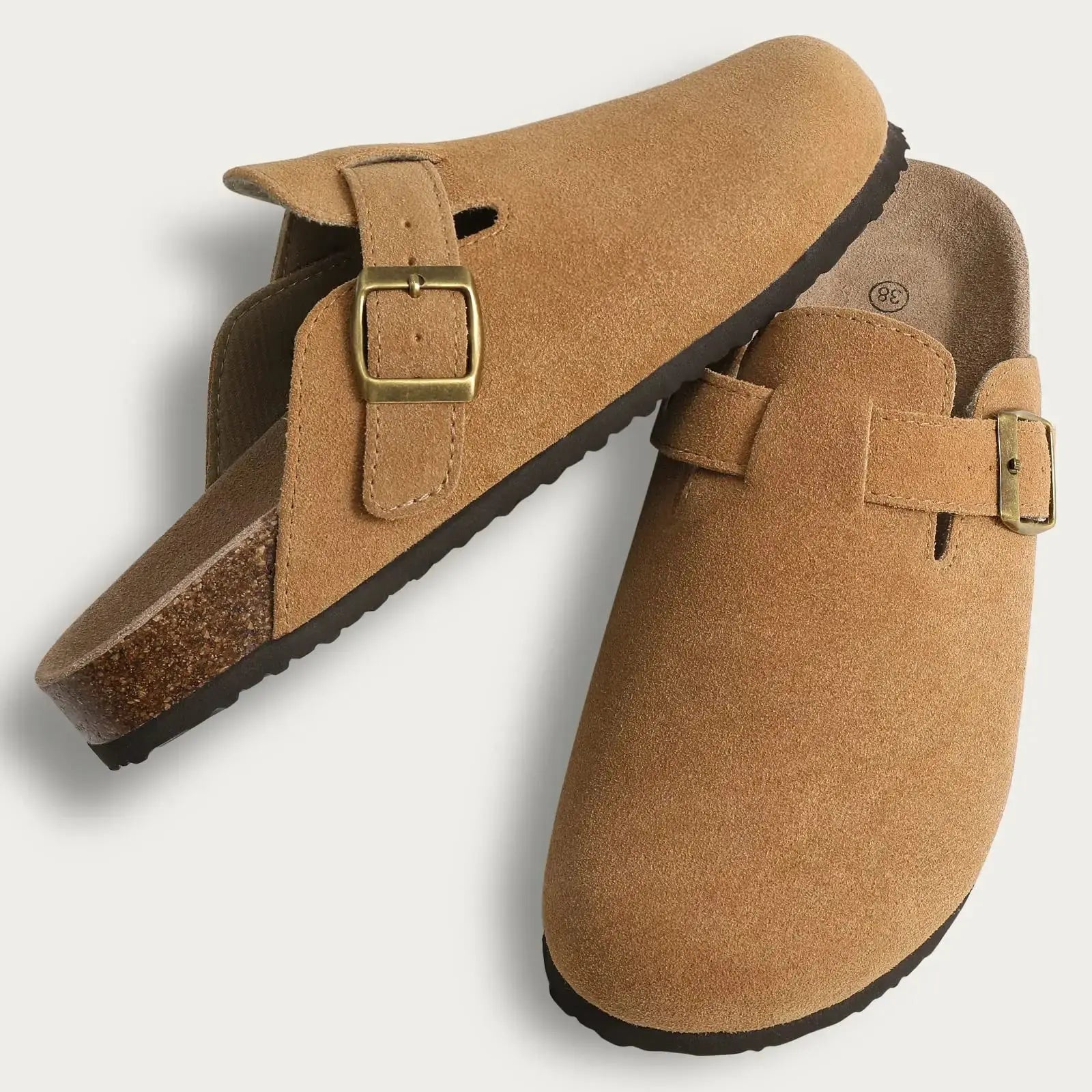 Women's fur-lined suede clogs with adjustable buckle, cozy plush interior for warm home comfort