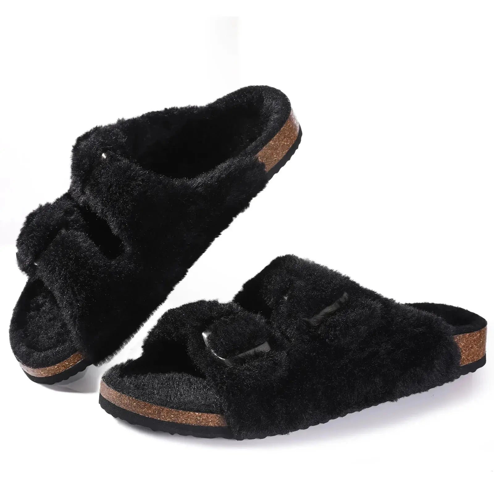 Women's fur-lined suede clogs with adjustable buckle, cozy plush interior for warm home comfort