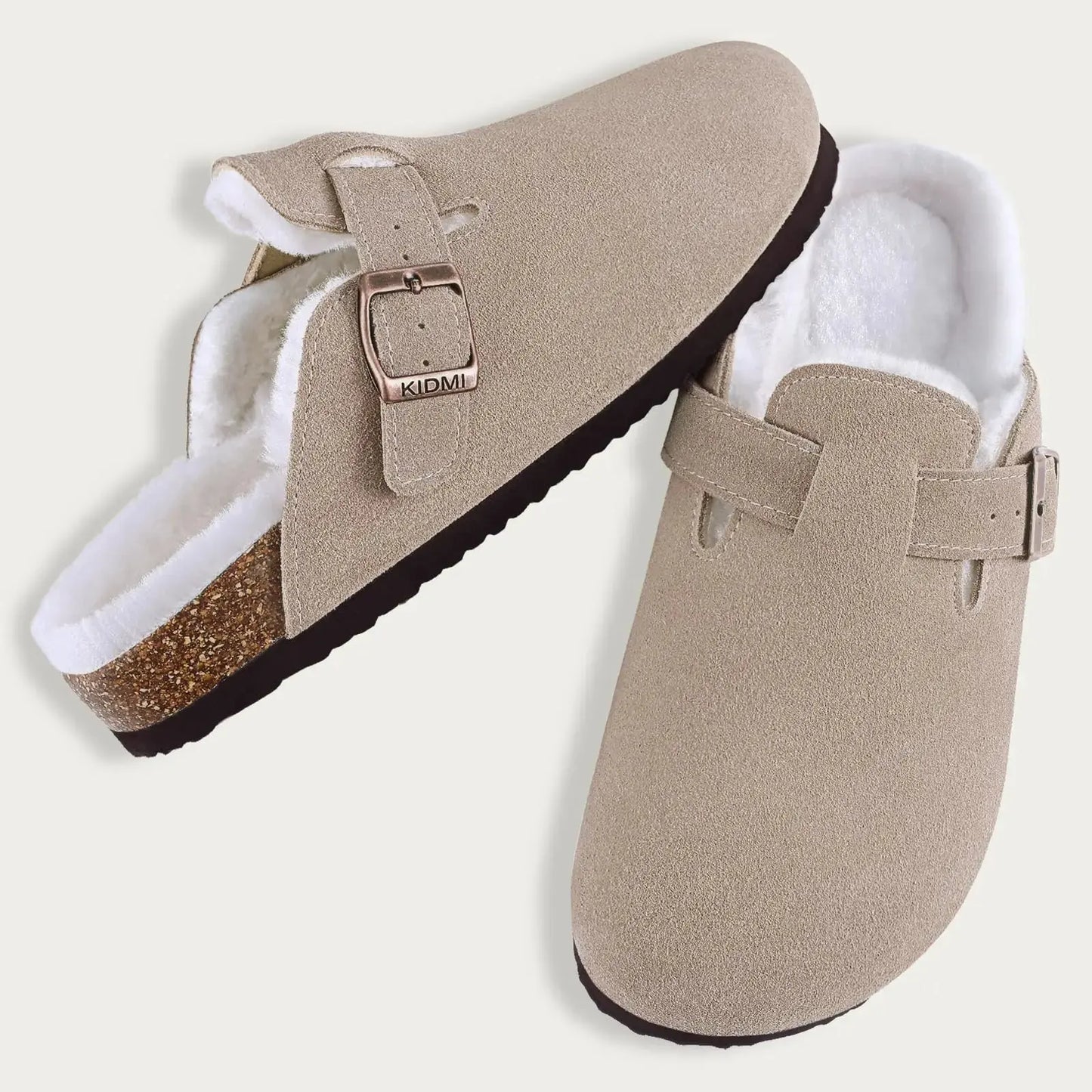 Women's fur-lined suede clogs with adjustable buckle, cozy slip-on mules for warm home comfort