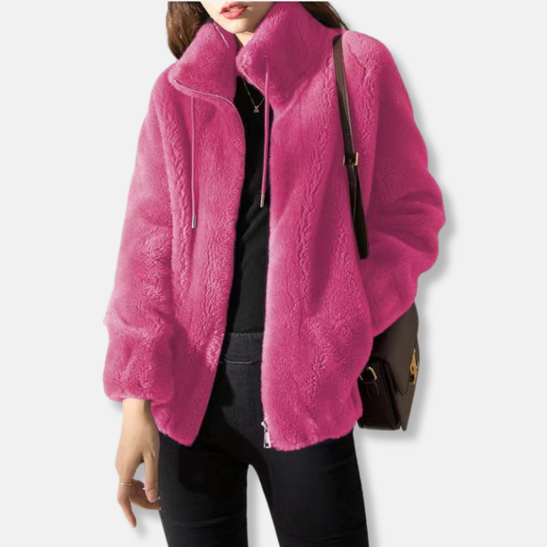 Women's cozy relaxed fit fleece jacket stand collar full zip elastic hem casual everyday style
