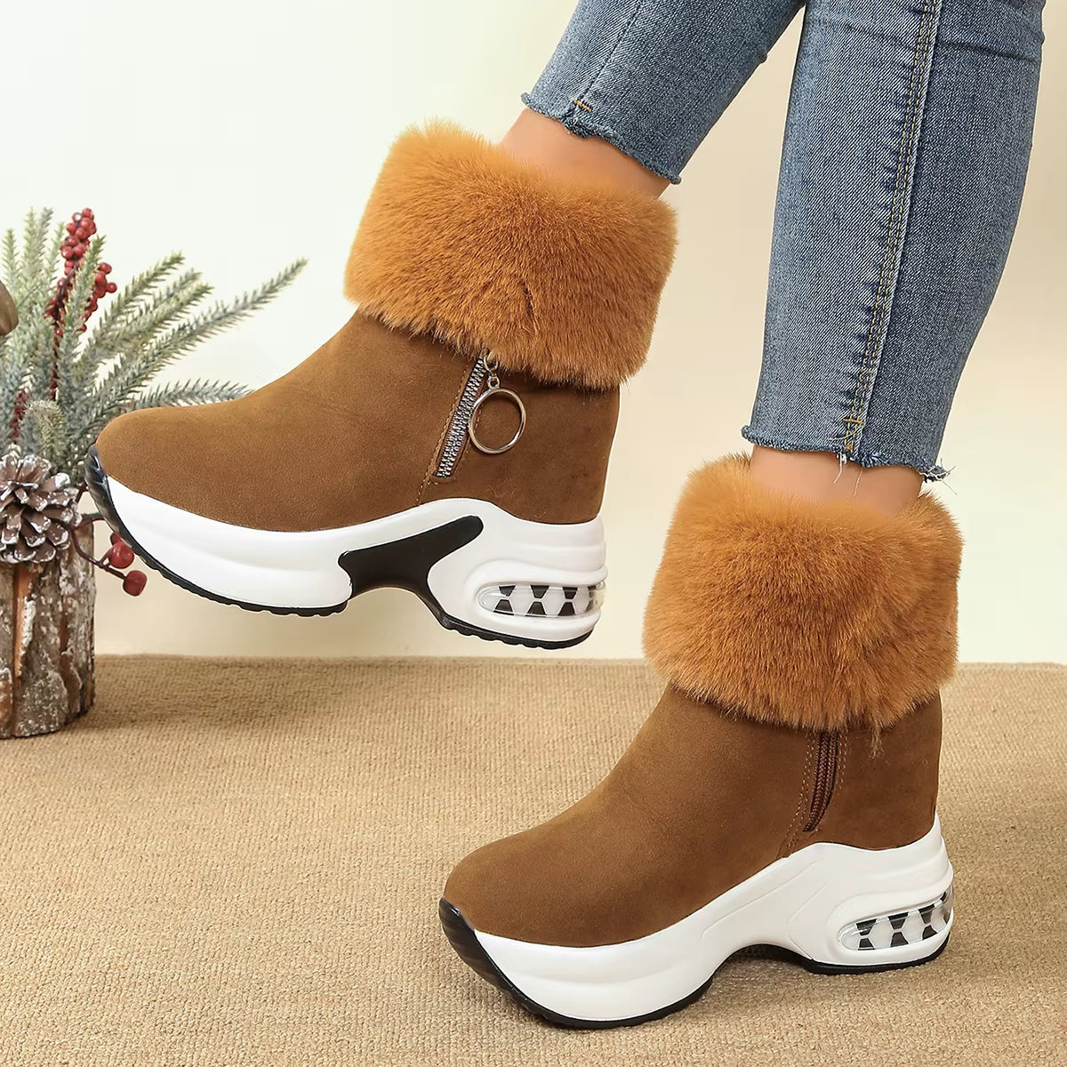 Chalet fleece platform boot faux suede upper plush fur collar bold heel air cushioned zipper pull