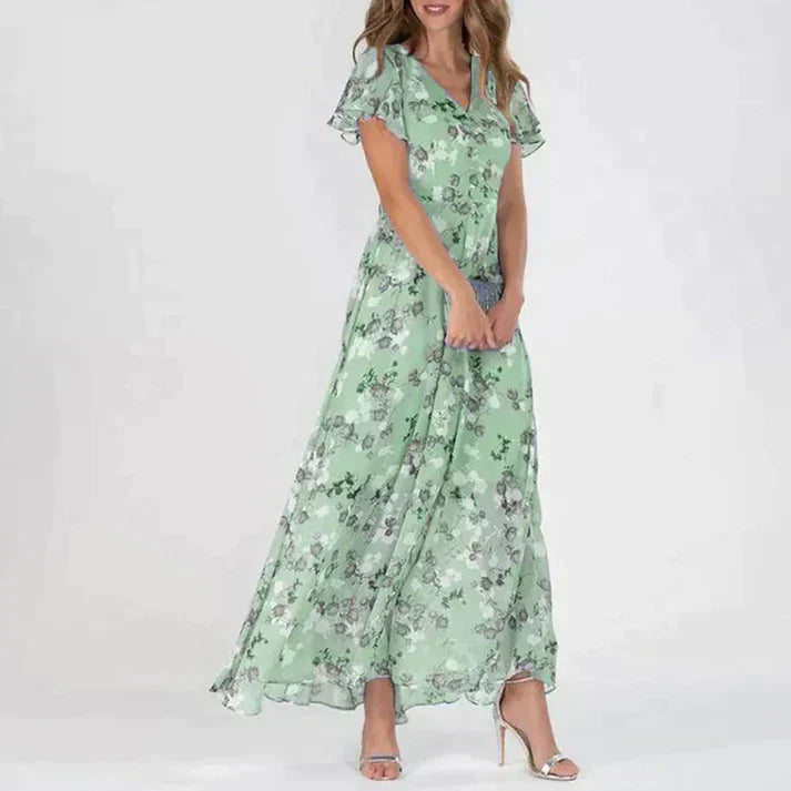 Women's Gabrielle floral dress, elegant flutter fit, romantic silhouette with timeless floral motif