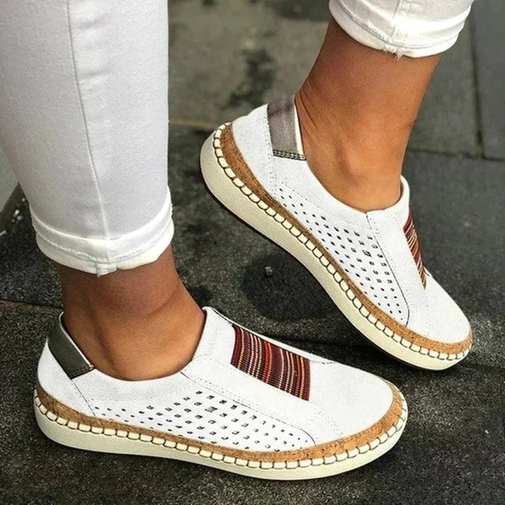 Women's beige orthopedic walking shoes with arch support insole and ergonomic cushioned sole