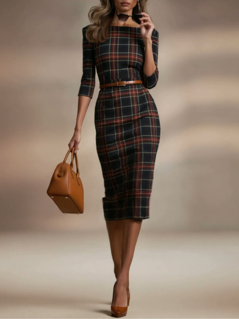 Black plaid three-quarter sleeve midi dress with form-fitting silhouette for versatile elegance