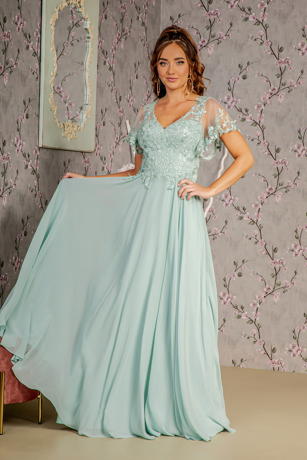 Dusty Rose Sage chiffon A-line mother of the bride gown with 3D floral appliqués, full-length elegant silhouette