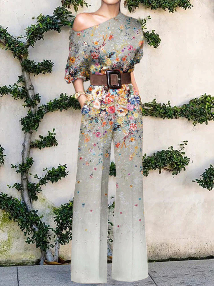 Nova artistic jumpsuit wearable art abstract face print asymmetrical one-shoulder modern women