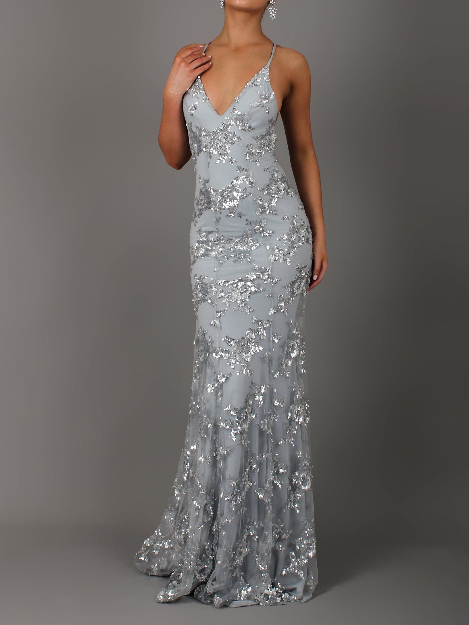 Silver sequin backless maxi dress with deep V-neck sleeveless silhouette for formal events
