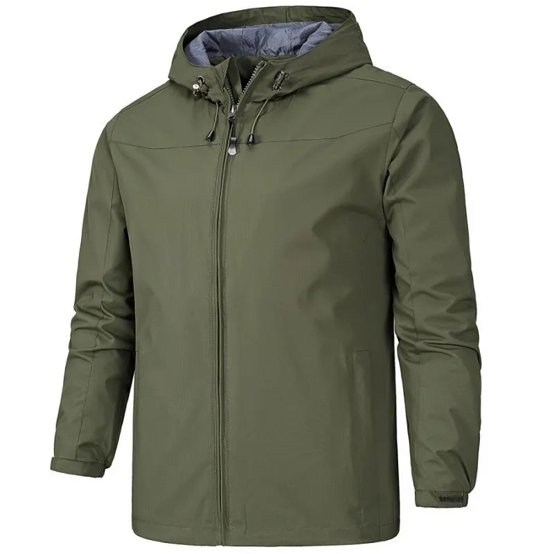 Gray water-resistant lightweight jacket with weather-repellent finish, versatile all-season outdoor style