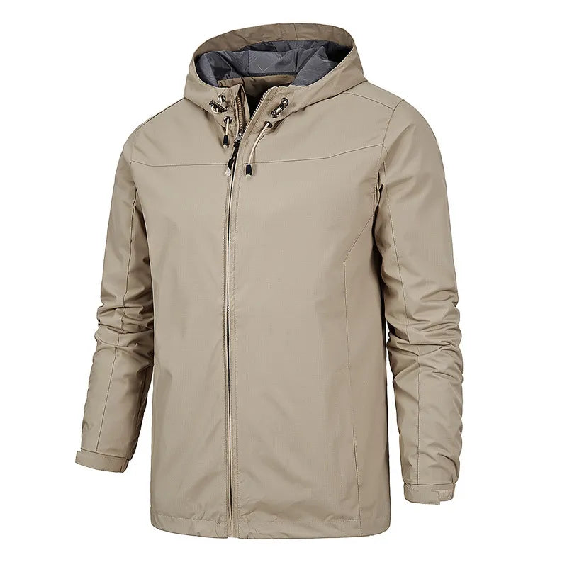 Gray water-resistant lightweight jacket with water-repellent finish, versatile all-season outdoor style