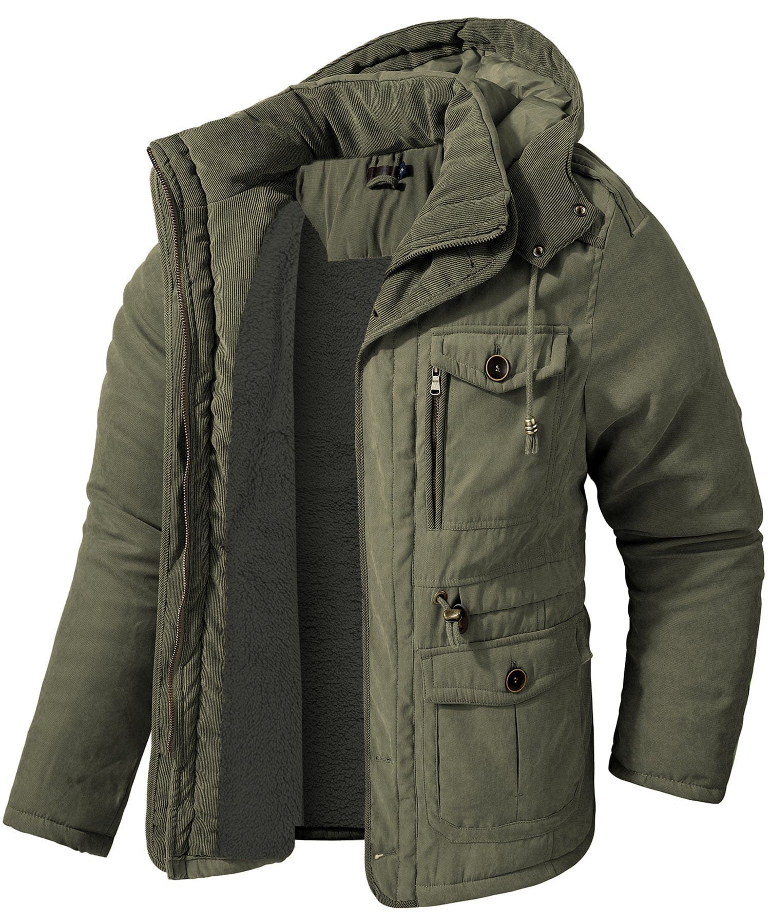 Men's Rowan insulated winter jacket, dark olive, fleece-lined with adjustable hood for outdoor adventures