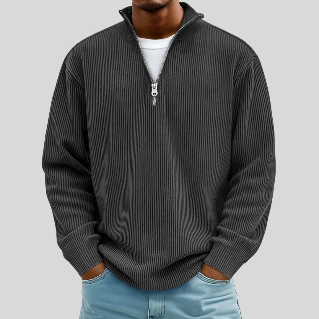 Men's ribbed half-zip sweater versatile knit for layering with textured finish