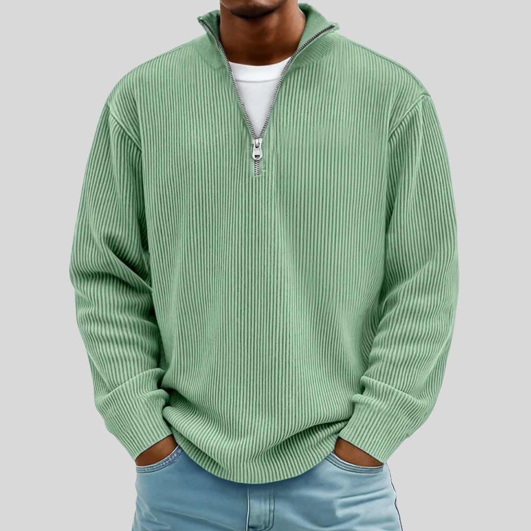Men's ribbed half-zip sweater versatile layering knit with textured finish for modern casual style