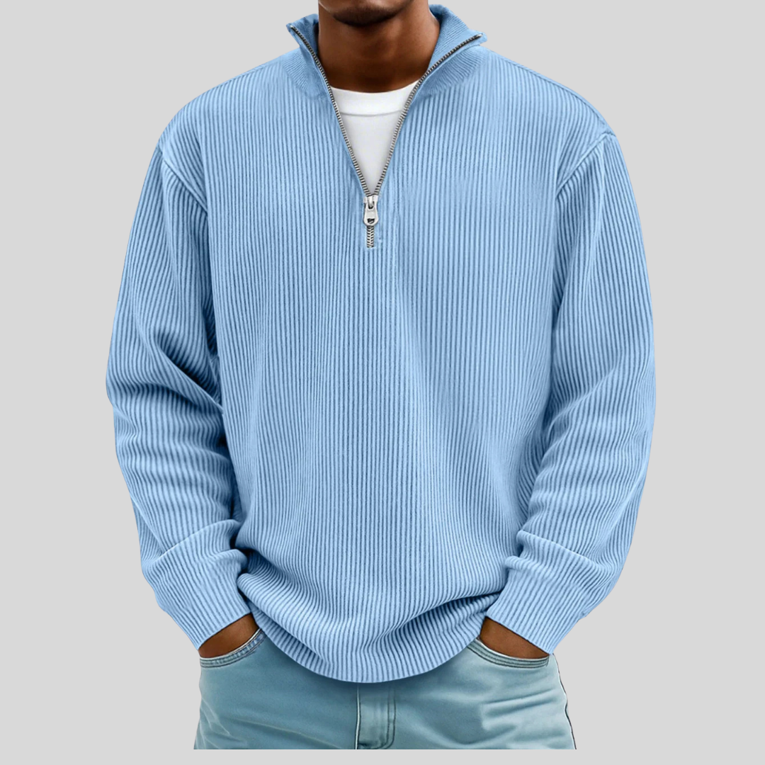 Men's ribbed half-zip sweater versatile knit layering piece with textured finish