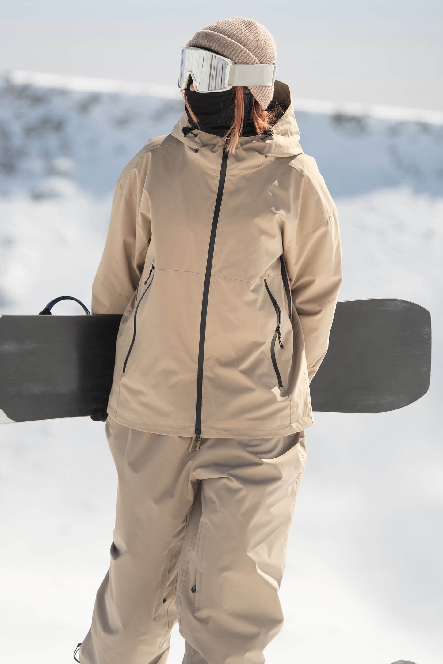 Women's coffee insulated snow jacket minimalist cut with dual vents and fully sealed 15K waterproof shell