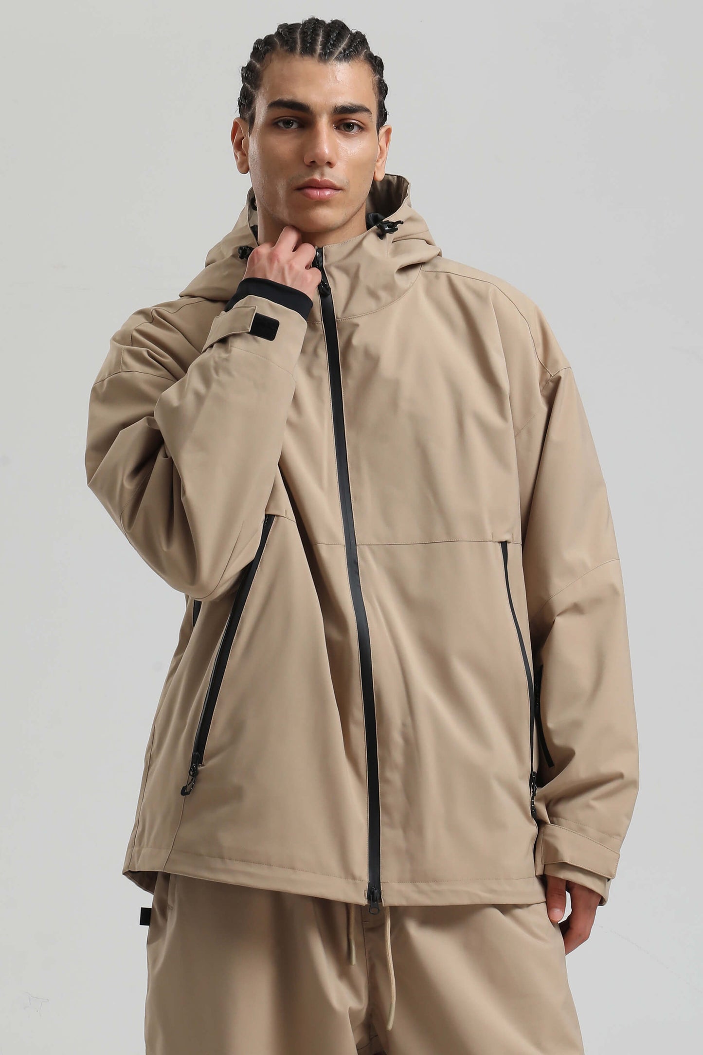 Coffee brown oversized men's insulated snow jacket with fully sealed 15K waterproof minimalist design