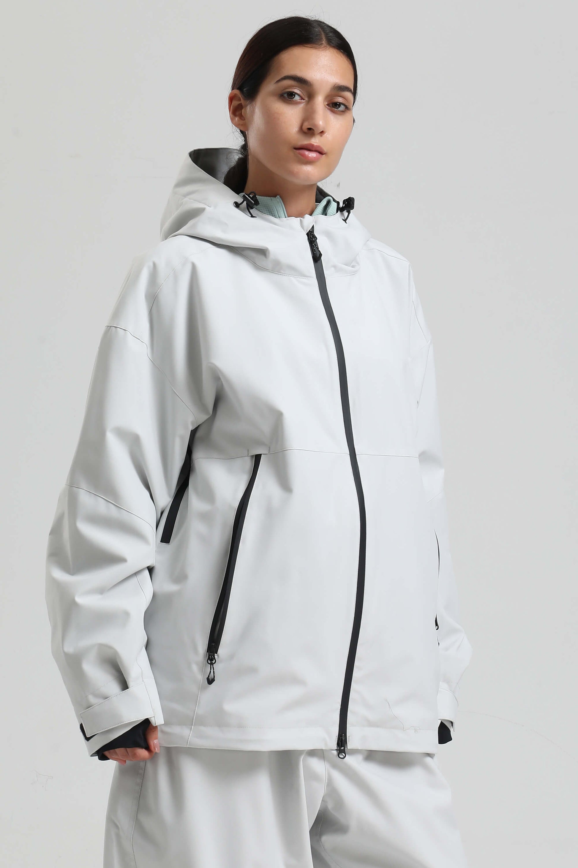 Women's khaki insulated snow jacket oversized silhouette fully sealed shell dual vents 15K waterproof