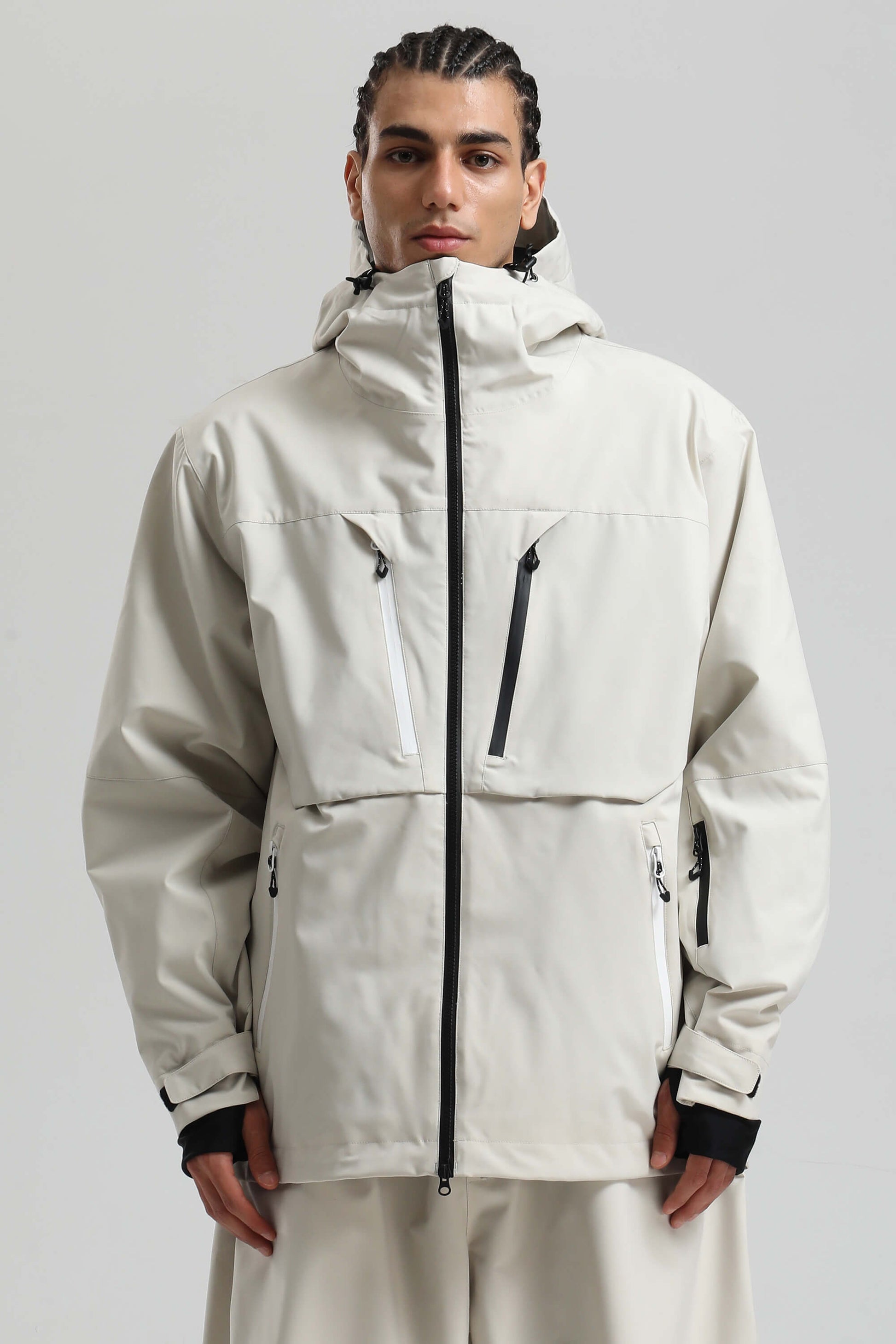 Men's khaki insulated snow jacket waterproof sealed seams contrast zips dual vents winter outerwear