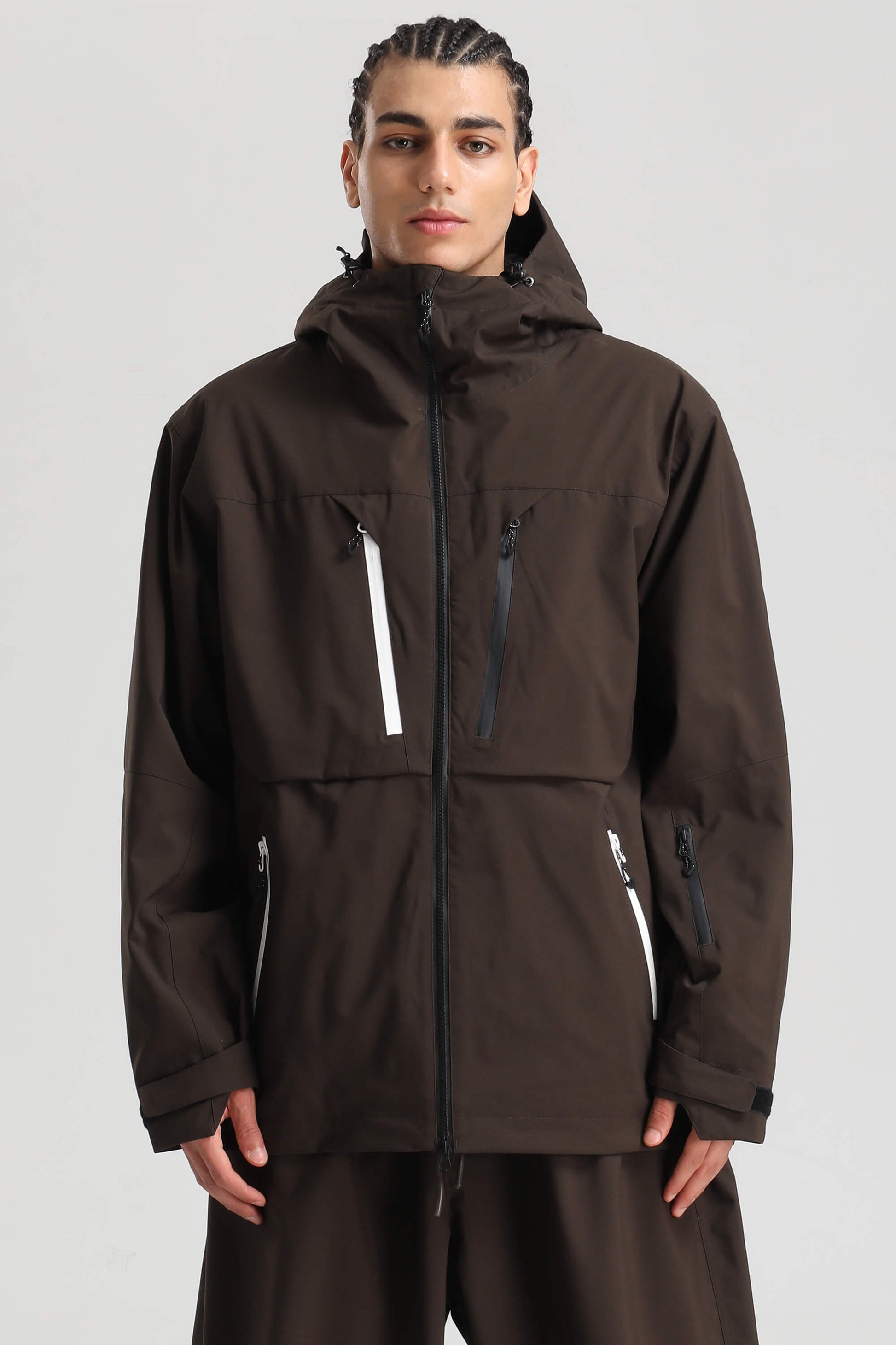 Men's khaki insulated snow jacket waterproof sealed seams contrast zips mountain-ready winter style