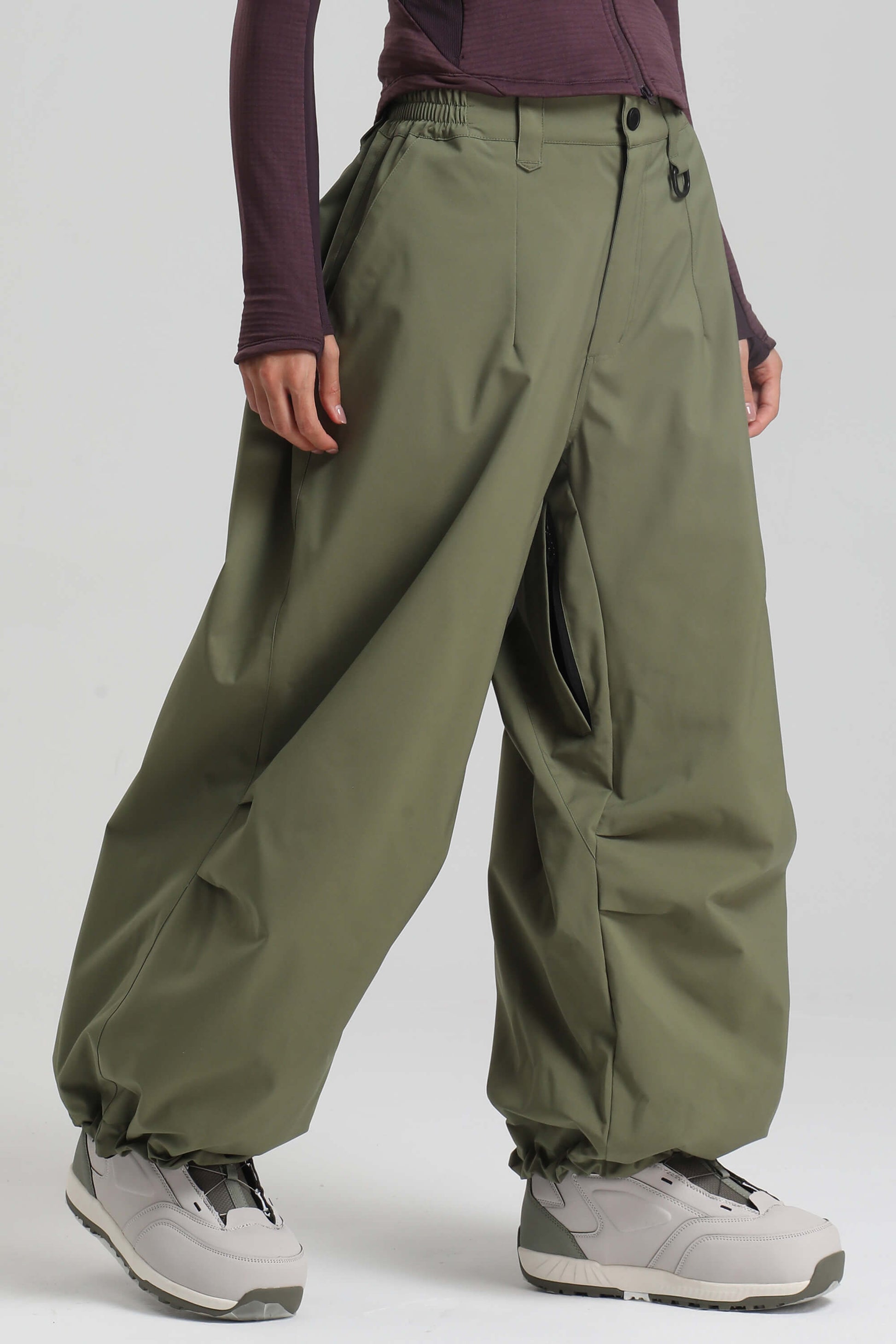 Caramel women's baggy snow pants lightweight breathable fabric with vented thigh zips for skiing