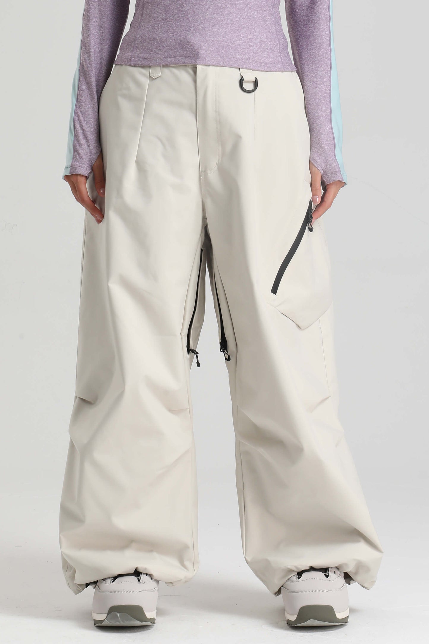 Caramel women's baggy snow pants lightweight breathable fabric with vented thigh zips for skiing