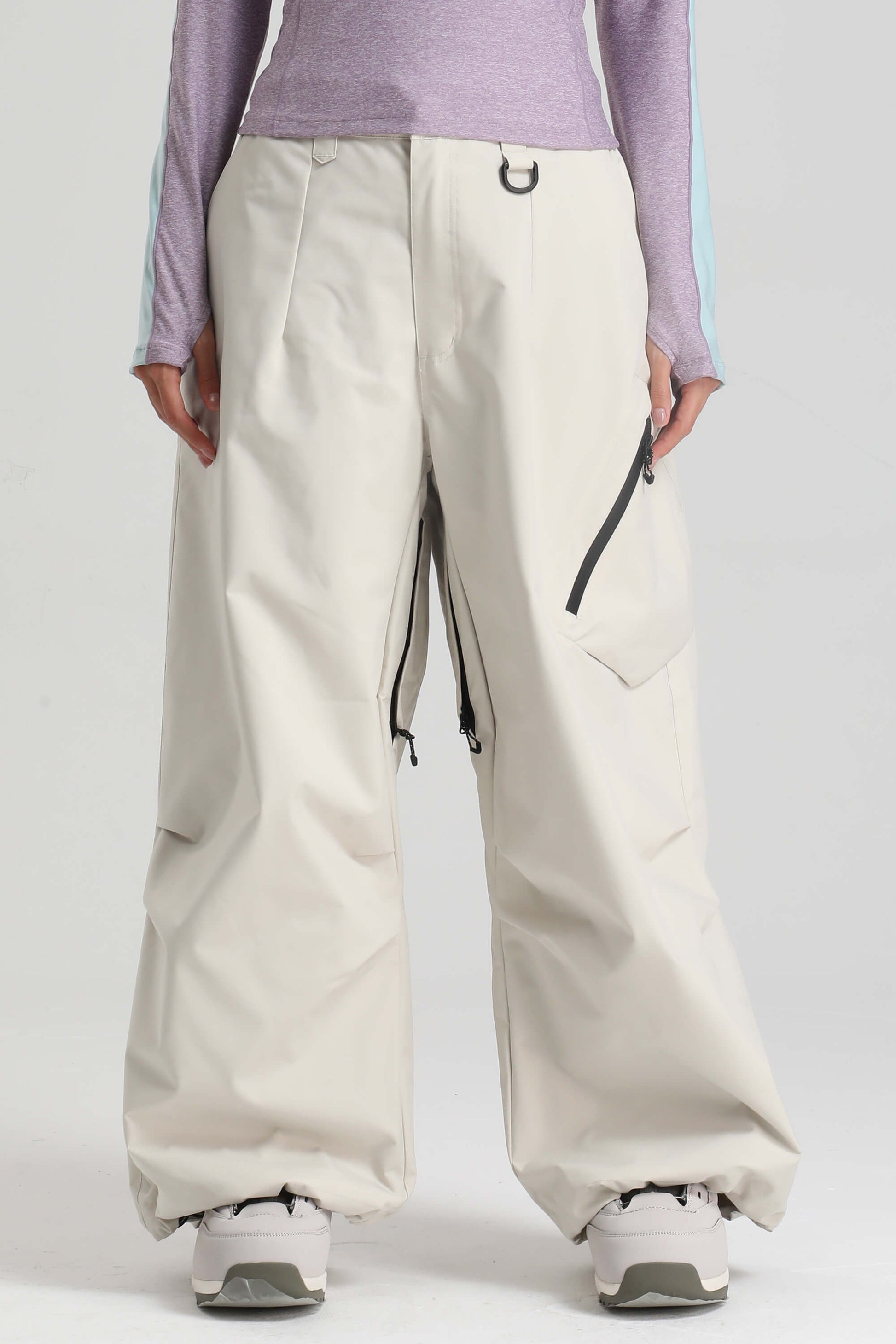 Caramel women's baggy snow pants lightweight breathable fabric with vented thigh zips for skiing