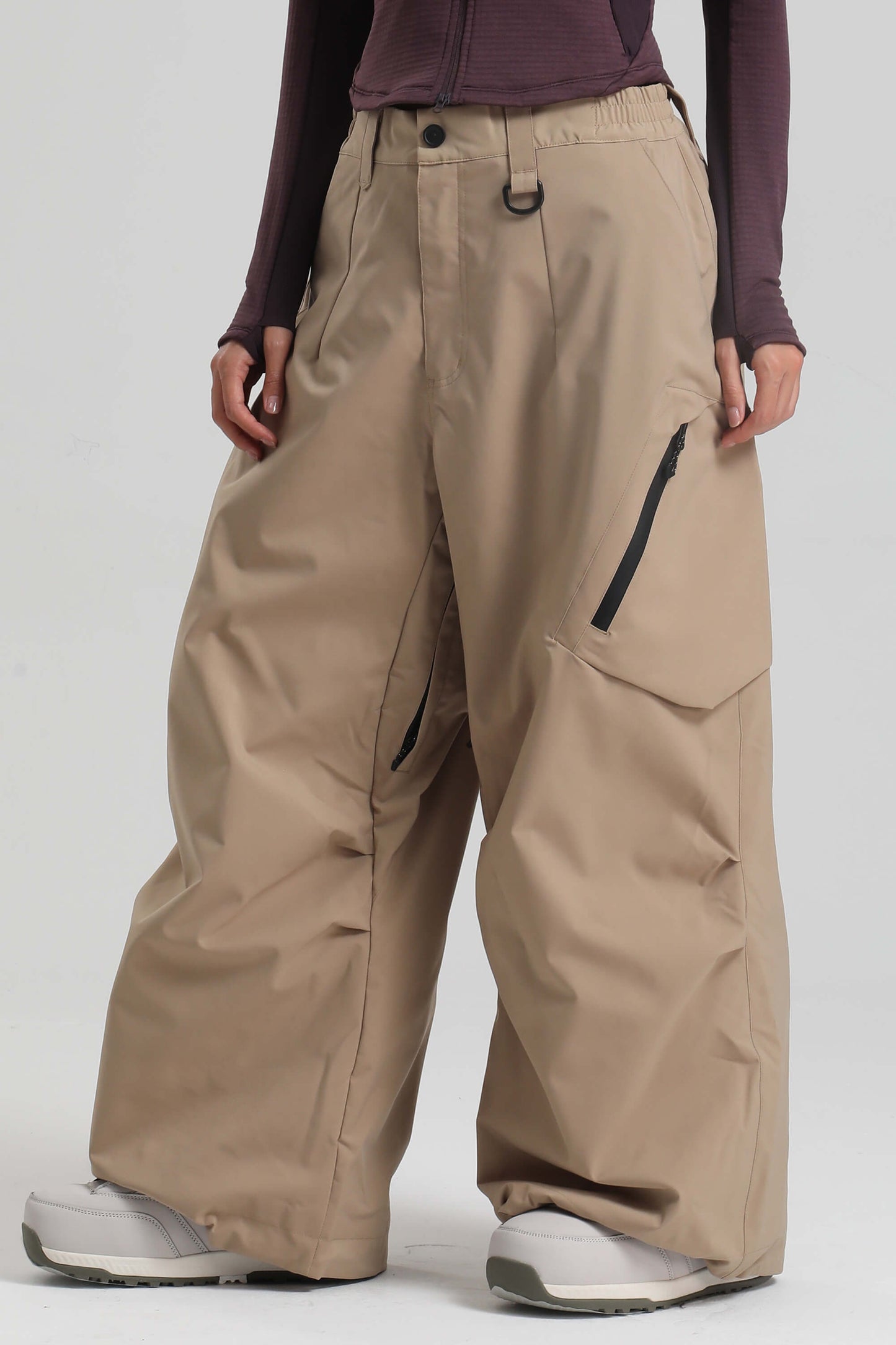 Caramel women's baggy snow pants lightweight breathable fabric with vented thigh zips for skiing