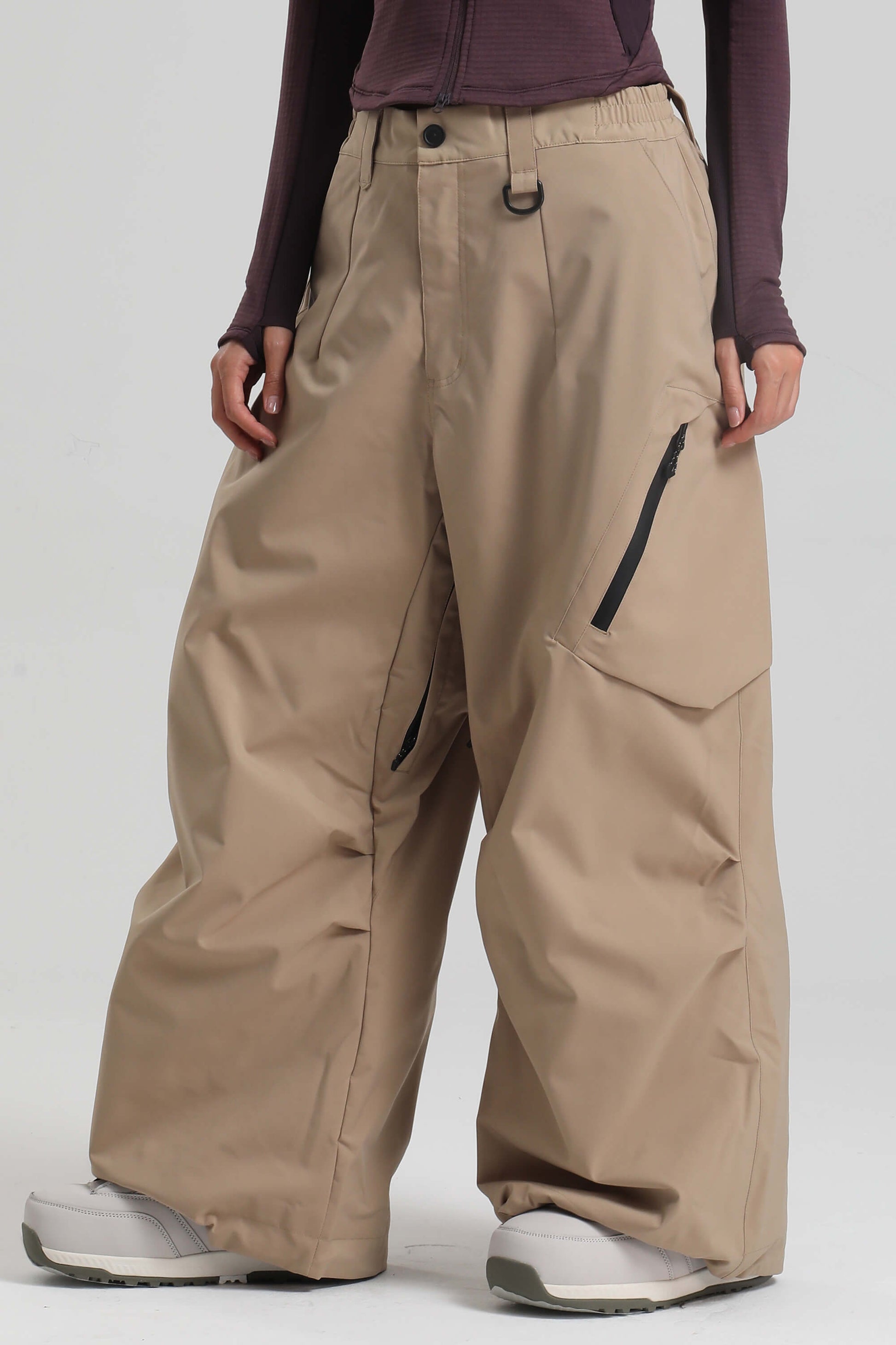 Caramel women's baggy snow pants lightweight breathable fabric with vented thigh zips for skiing