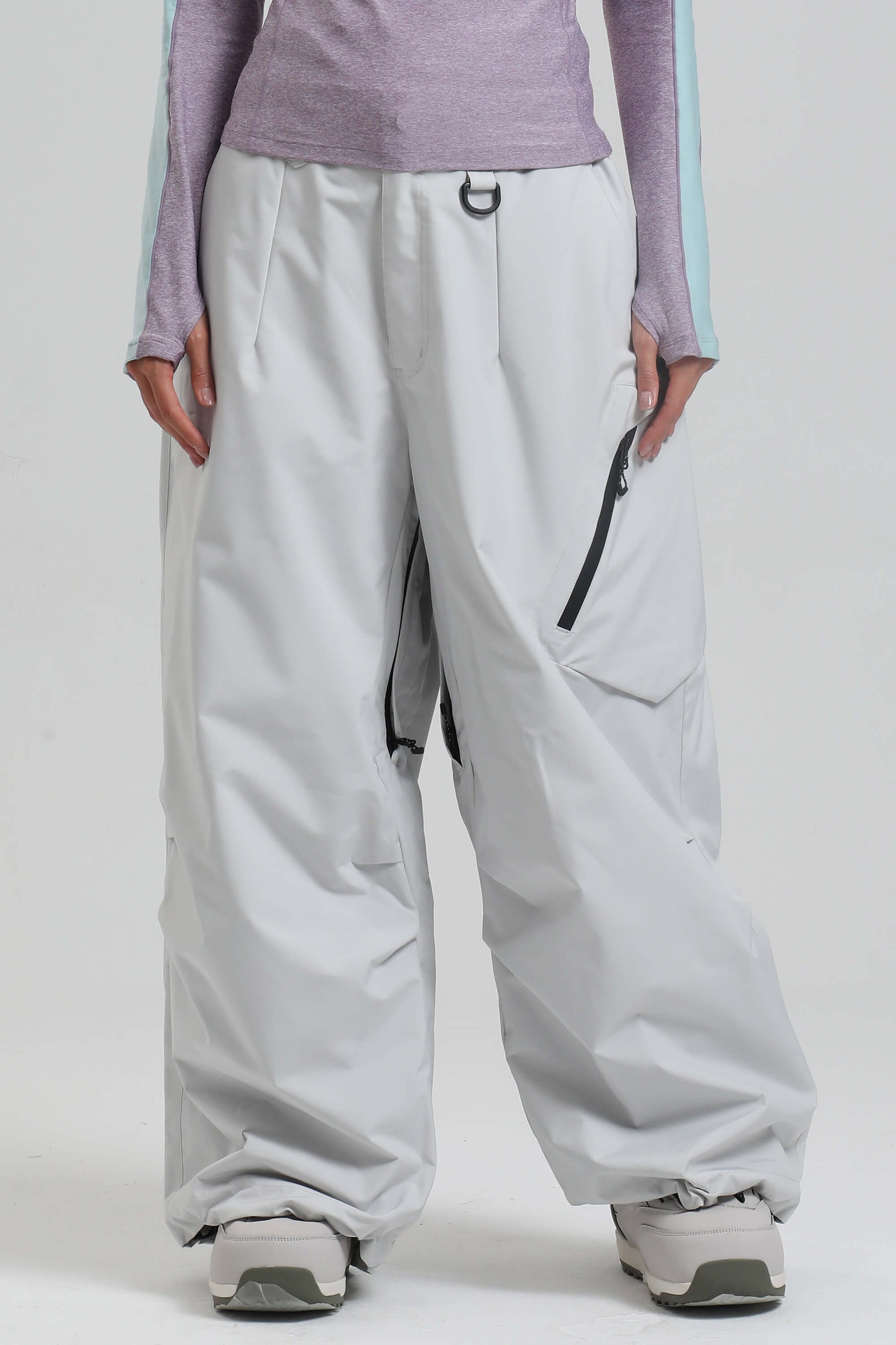 Women's ice blue lightweight baggy snow pants waterproof breathable with inner thigh vents