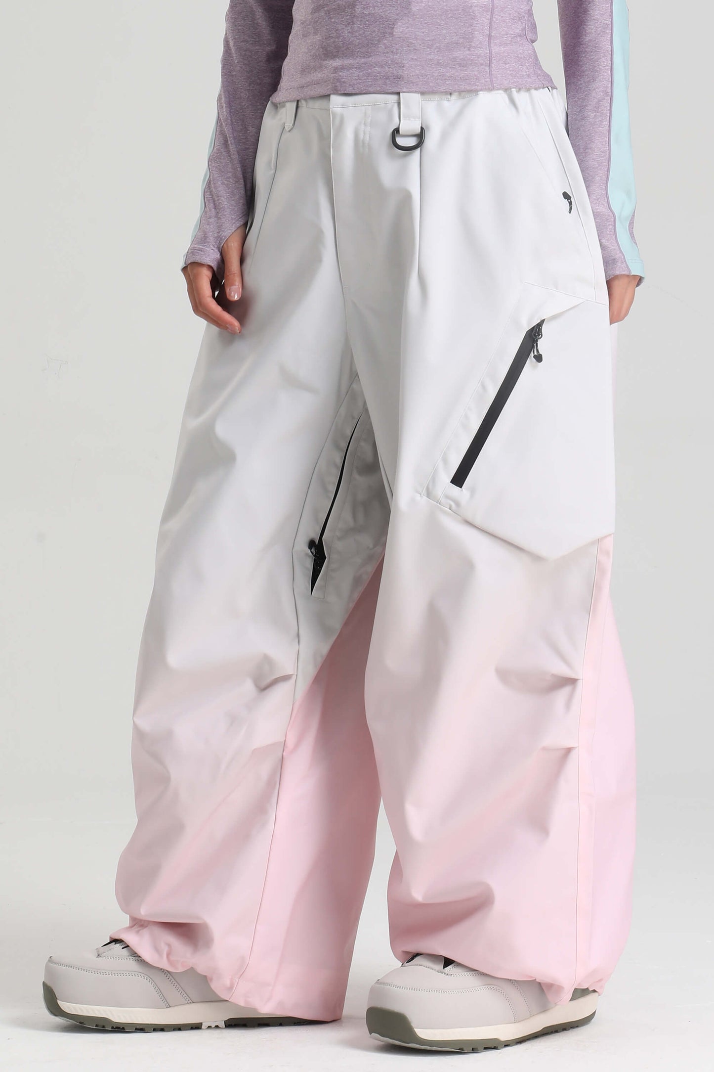 Women's rose baggy snow pants lightweight waterproof breathable with inner thigh vents for skiing