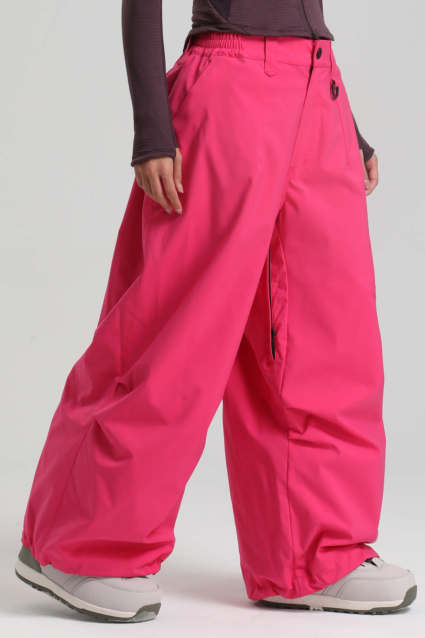 Caramel women's baggy snow pants lightweight breathable fabric with vented thigh zips for skiing