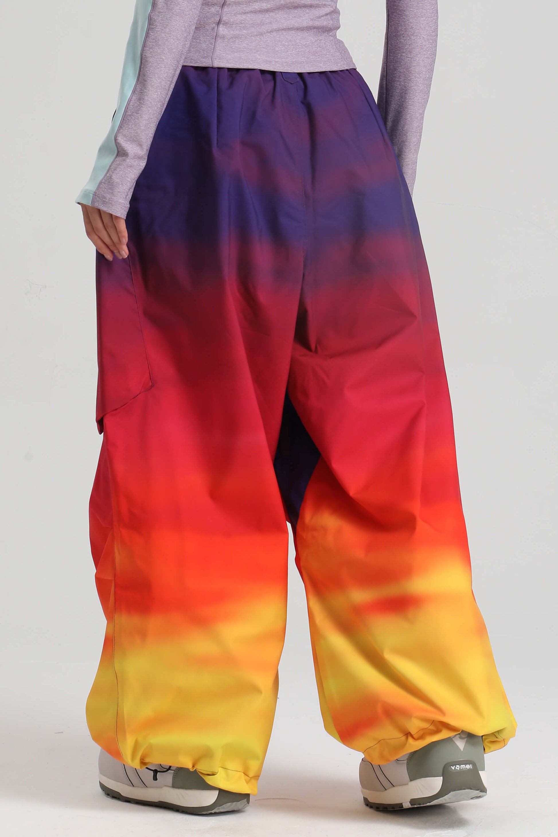 Caramel women's baggy snow pants lightweight breathable fabric with vented thigh zips for skiing