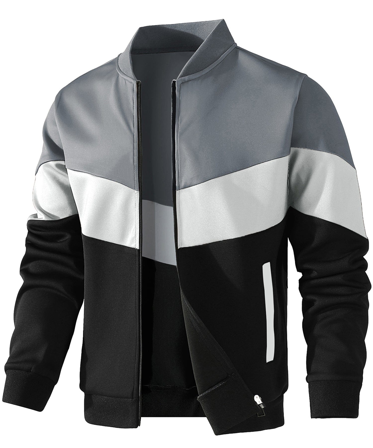 Men's color block hip-length bomber jacket with zip front and ribbed collar in casual fit
