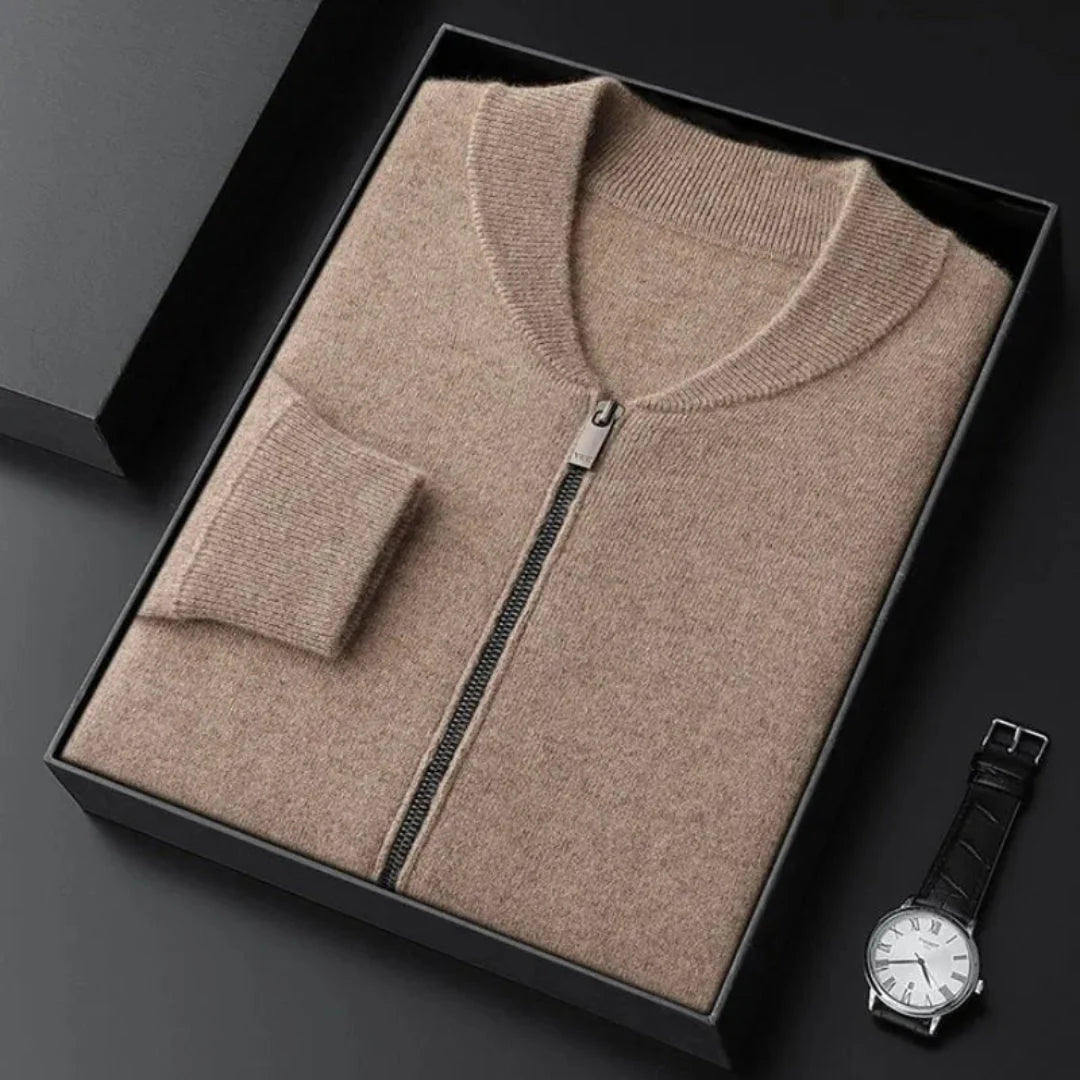 Heather gray cashmere wool lounge set with zip-front jacket and drawstring pants