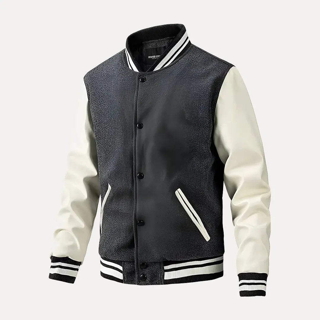 Black lightweight motorcycle varsity jacket with classic baseball collar and edgy streetwear-ready design