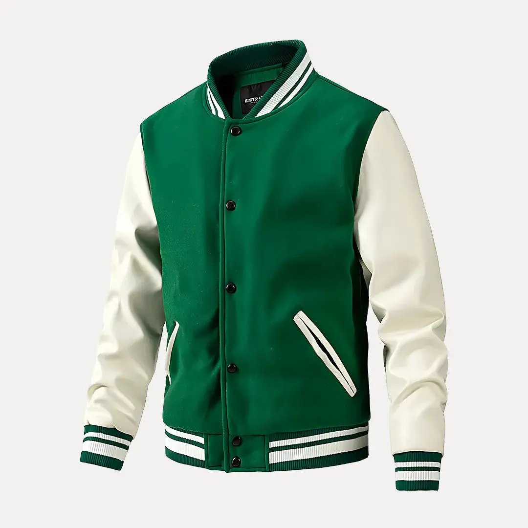 Black lightweight motorcycle varsity jacket with classic baseball collar and edgy streetwear-ready design