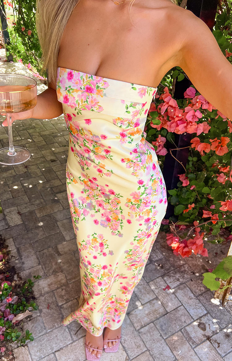 Gabriella yellow floral maxi dress strapless figure-skimming silhouette for women summer