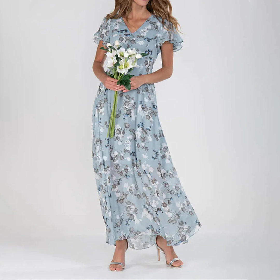 Floral maxi dress women V-neck ruffle sleeves lightweight airy garden print summer style
