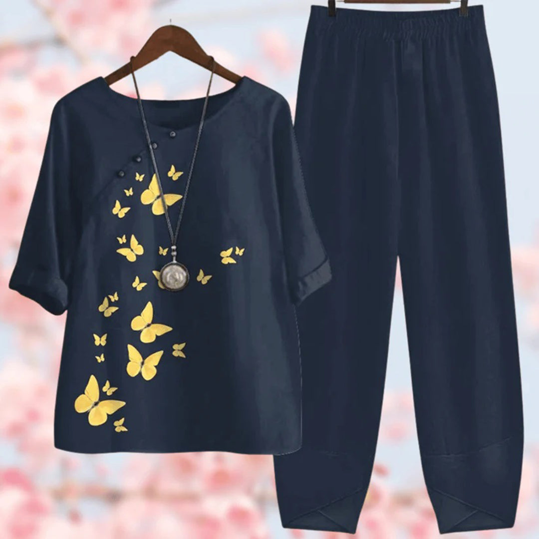 Women's floral print button detail top and wide-leg elastic waist pants set, three-quarter sleeves