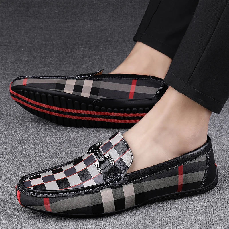 Gatsby genuine leather loafers plaid pattern slip-on polished metal bit dress shoes for men