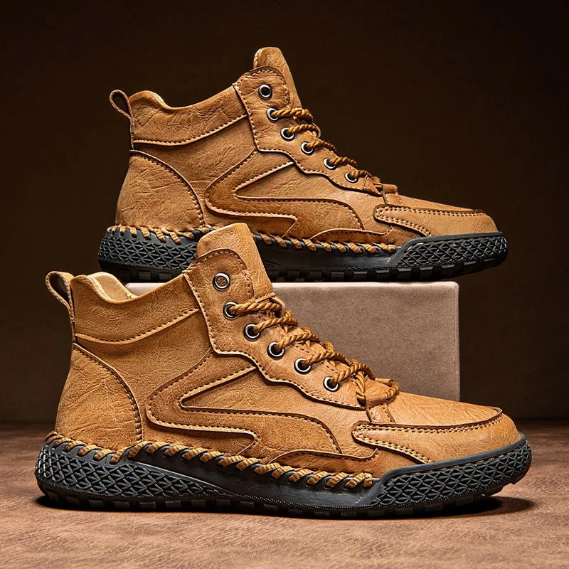 Rugged brown lace-up hiking boots with anti-slip rubber sole for all-terrain traction