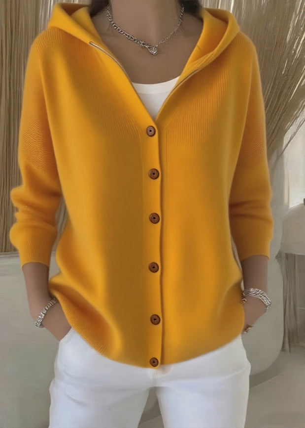 Women's hooded knit cardigan, minimalist beige silhouette with full wooden button-front closure